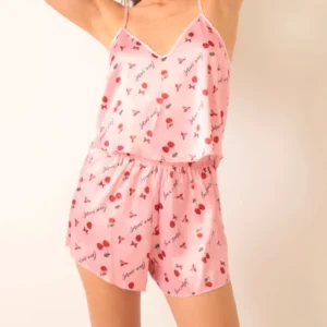 Love Secret Pembe kiraz desenli saten şortlu pijama takımı