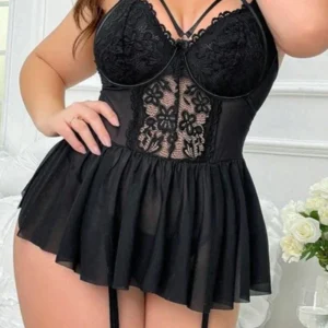 Passione Büyük Beden Dantelli Siyah Jartiyerli Babydoll