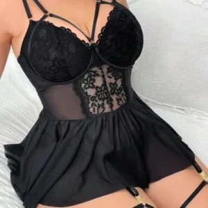 Passione Büyük Beden Dantelli Siyah Jartiyerli Babydoll