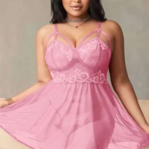 Visatin Büyük Beden Dantelli Pembe Transparan Fantazi Gecelik