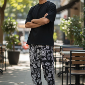 Gangown Unisex Desenli Siyah Jogger Pantolon