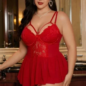 Passione Büyük Beden Dantelli Kırmızı Jartiyerli Babydoll
