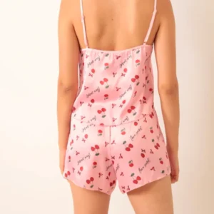 Love Secret Pembe kiraz desenli saten şortlu pijama takımı