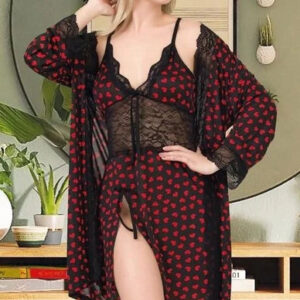 İzabel Kalp Desenli Dantelli Kısa Sabahlıklı Gecelik Takımı