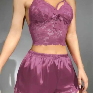 Visatin Dantelli Büstiyer İnce Askılı Lila Saten Şortlu Takım