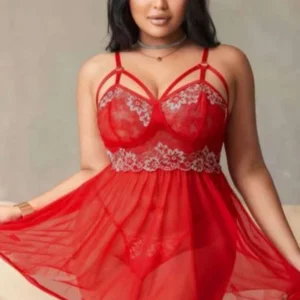 Visatin Büyük Beden Dantelli Kırmızı Transparan Fantazi Gecelik