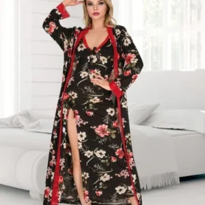 İzabel Çiçekli Uzun Yırtmaçlı Sabahlıklı Gecelik Takım